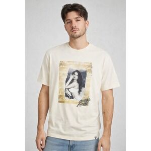 GUESS T-Shirt Graphic Print Cream Organic Cotton Streetwear Small